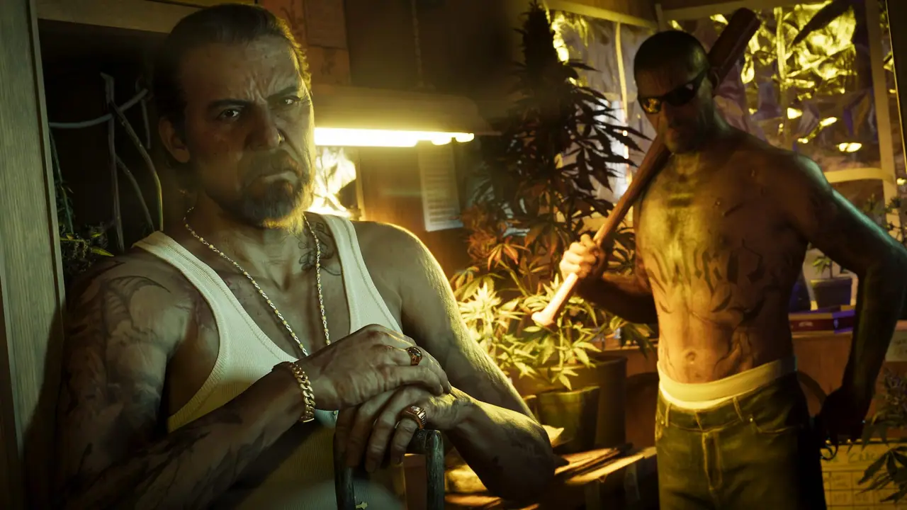 Two men from Port Gellhorn in a room with grow lights look in the same direction. One is resting his hands on top of a shovel and the other is holding a baseball bat resting on his shoulder.