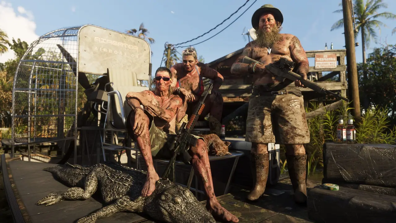 Three people covered in mud pose on an airboat in the Grassrivers with a dead alligator and wildcat. One has an automatic weapon leaning against his leg, another is holding a rifle.