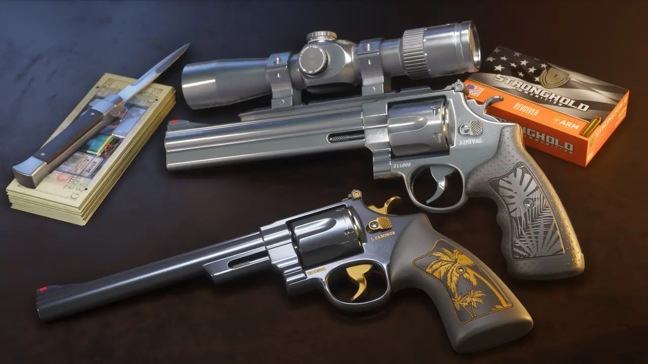 His and hers versions of this powerful revolver with classic Vice City stylings sourced from the Vercetti Estate, including palm tree-etched grips, engraved detailing, and high-performance scope. Pictured with a switchblade and ammo.