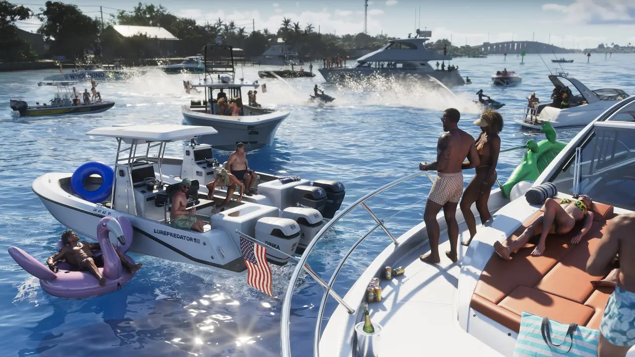 A gathering of people partying and drinking on boats in the water in the Leonida Keys. A man lays on a flamingo floaty. People jet ski in the background. Others are seen laying out and tanning on boats.