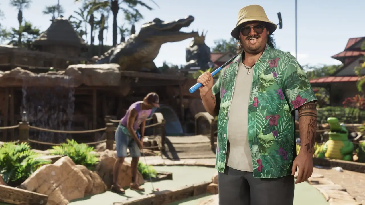Cal and another man playing mini golf at a course decorated with fake alligators.