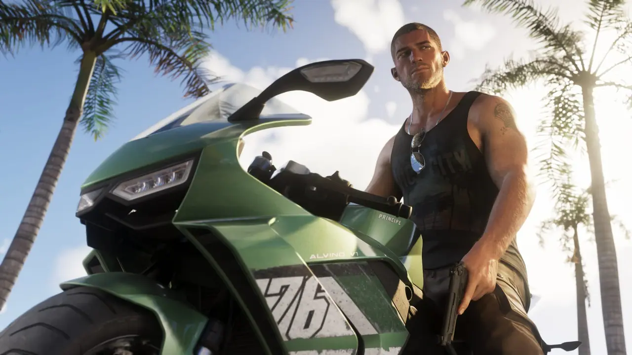 Jason Duval beside a motorcycle, holding a handgun, with palm trees behind him.