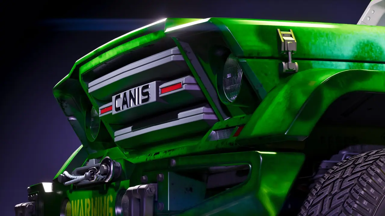 An up close shot of the front of a lime colored off-road vehicle.