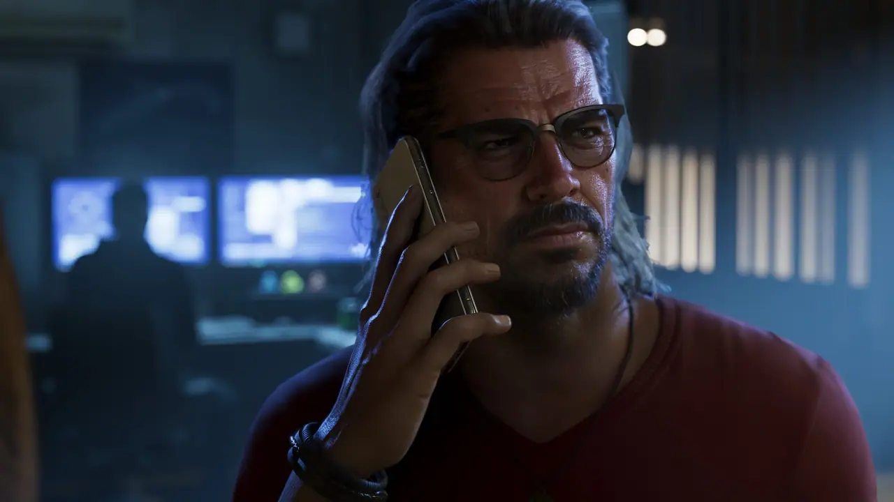 Raul holding a phone to his ear. In the background a person is sitting in front of two computer monitors.