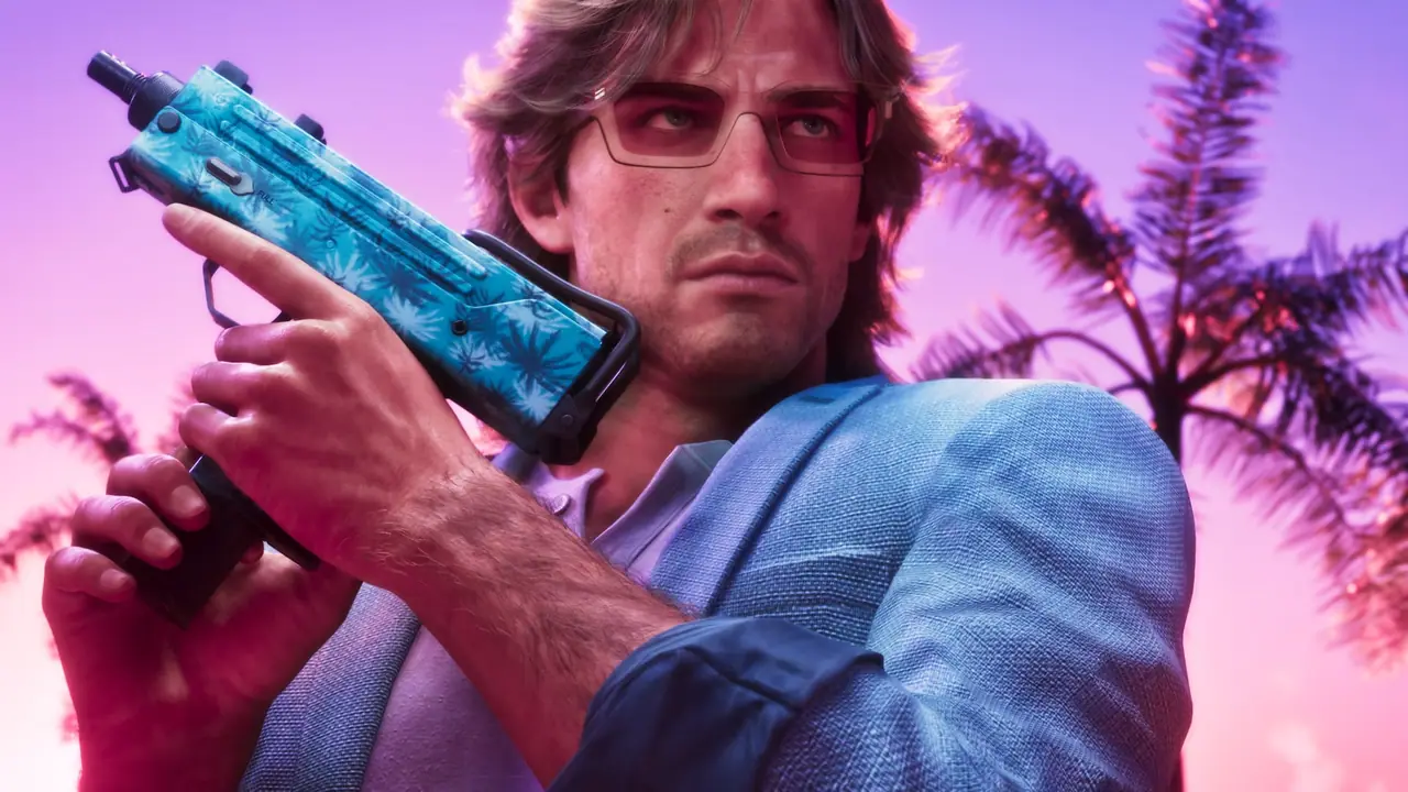 Jason holding a submachine gun that is covered in a tropical weapon pattern.