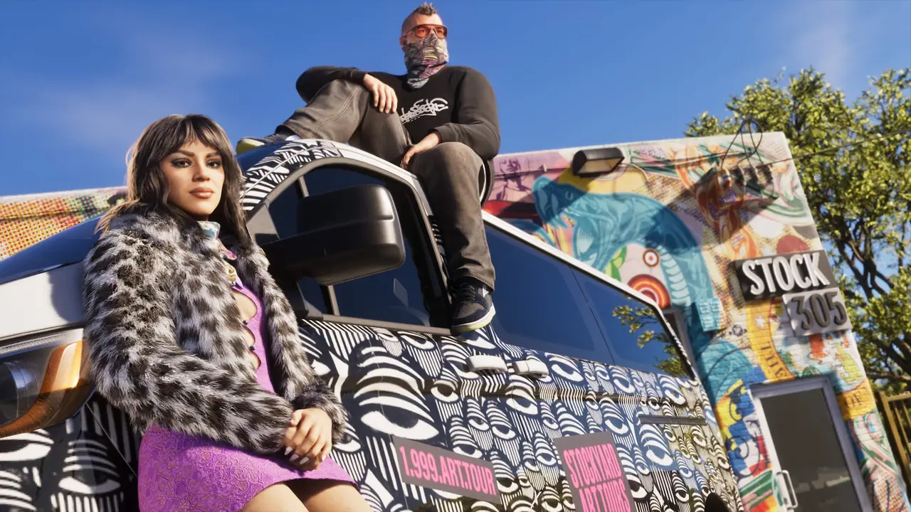 Two people posing on the graffiti-covered front of Stock 305, a streetwear shop in the Stockyard.