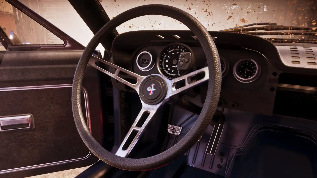 Close up of the interior dashboard and steering wheel of the '67 Vapid Dominator Buggy.