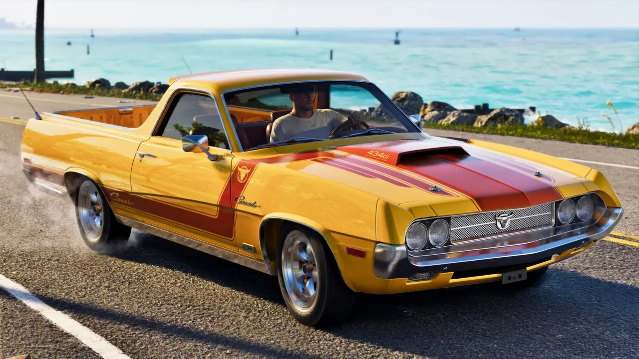 Jason driving his Vapid Ganado, equipped with a yellow paint job and red racing stripe.