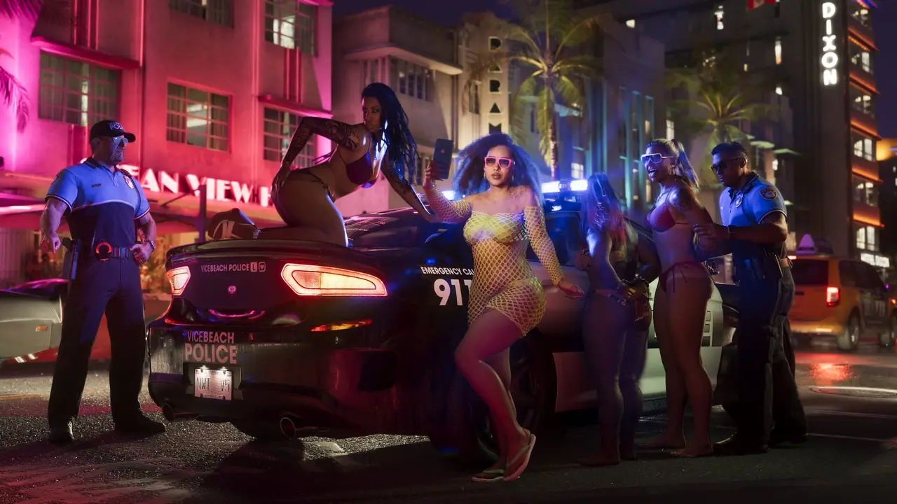 Two women being handcuffed by a police officer in Vice City. Another woman is in front of them taking a selfie, and another is posed on top of the police car as the other policeman points to the ground.