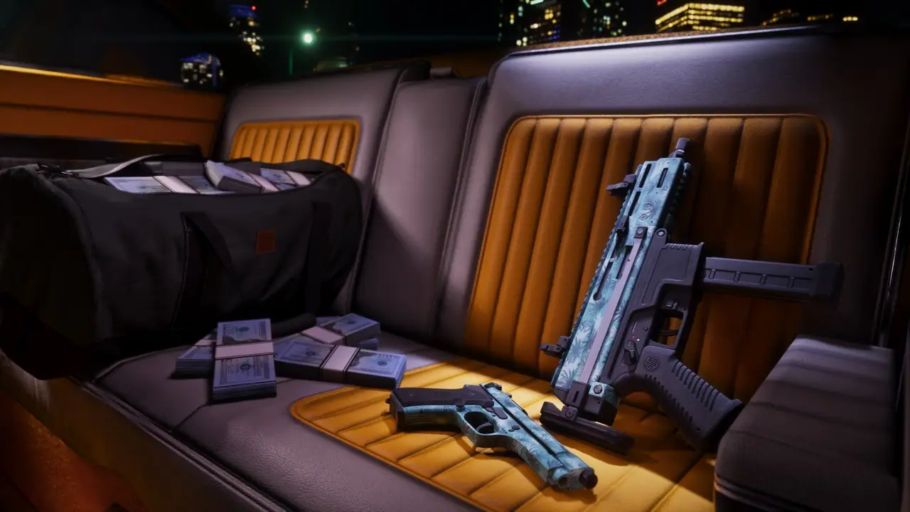 A collection of weapons and a bag full of cash on the backseat of the '55 Vapid Stanier.