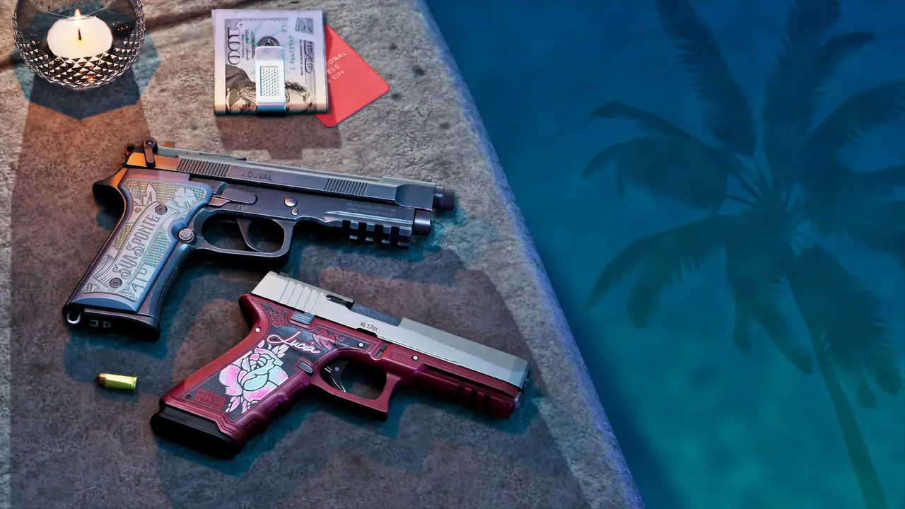 The personalized variants of Jason's Girardi ES9 pistol and Lucia's Klose K17 pistol near the ledge of a swimming pool reflecting palm trees, next to a clip of money and a lit candle.